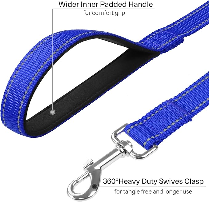 FunTags 6FT Reflective Dog Leash with Soft Padded Handle for Training,Walking Lead for Large & Medium Dog,1 Inch Wide,Royal Blue