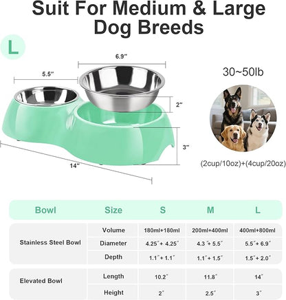 Elevated Dog Bowls Set - Non-Slip Raised Pet Feeder with Medium (2 Cups) & Large (4 Cups) Stainless Steel Bowls - Includes Durable Resin Stand for Corgi Puppies and Adult Cats - Green