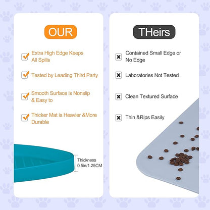 100% Waterproof 0.5" Raised Edge BPA Free Silicone Dog Food Mat, Pet Cat Feeding Mats Contain Spills Protects Floors, Placemats for Cats and Dogs Water Bowl Dishwasher. (Large/XL, Teal)