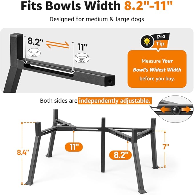 LOOBANI Double Dog Bowl Stand: 2-in-1 Elevated Food Water Bowl, Adjustable Width Fits Bowls 5.9"-8.7" (Stand Only), Anti-Slip Raised Bowl for Medium Adult, Senior, Arthritis Dogs, Black, Large