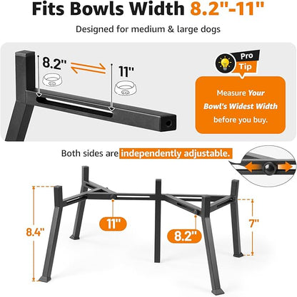 LOOBANI Double Dog Bowl Stand: 2-in-1 Elevated Food Water Bowl, Adjustable Width Fits Bowls 5.9"-8.7" (Stand Only), Anti-Slip Raised Bowl for Medium Adult, Senior, Arthritis Dogs, Black, Large