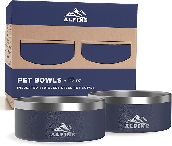 ALPINE Set of 2 Stainless Steel Dog Bowls, Non Slip, Metal Pet Bowl for Food and Water, Double Walled Insulated, Rustproof, Dishwasher Safe (32 oz, Navy)