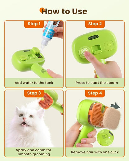 4-in-1 Cat Steam Brush, 2025 Upgraded Pet Steam Brush for Indoor Cats Dogs Spray Hair Removal Comb, 2 Spray Self-Cleaning Dog Brushes for Shedding,Massage,Cleaning Grooming (White)