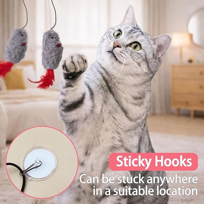Interactive Hanging Mouse Cat Toys, 3 Pack Plush Mouse Cat Toy with Feather & Catnip, Movement-Activated Physical Sound, Adjustable Door Frame Self Play Toy for Indoor Cats
