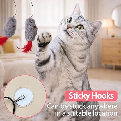 Interactive Hanging Mouse Cat Toys, 3 Pack Plush Mouse Cat Toy with Feather & Catnip, Movement-Activated Physical Sound, Adjustable Door Frame Self Play Toy for Indoor Cats