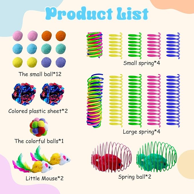 27Pcs Cat Toys Variety Pack for Indoor Cats, Interactive Spring Cage Mice & Small Mice, Plush Balls, Crinkle Balls, Colorful Springs, Cat Chew Chase Play Set for Boredom Relief & Self Play