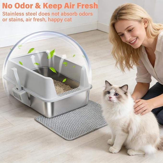 2PACK Stainless Steel Cat Litter Box with Lid, XL Metal Litter Box, Extra Large Litterbox for Big Cats, High Sided | Easy Cleaning | Odor-Free Includes Scoop and Mat