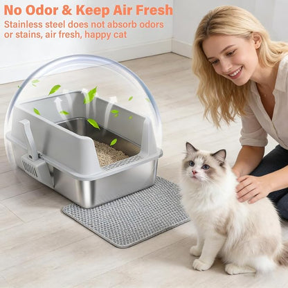 Stainless Steel Cat Litter Box with Lid, XL Metal Litter Box, Extra Large Litterbox for Big Cats, High Sided | Easy Cleaning | Odor-Free Includes Scoop and Mat