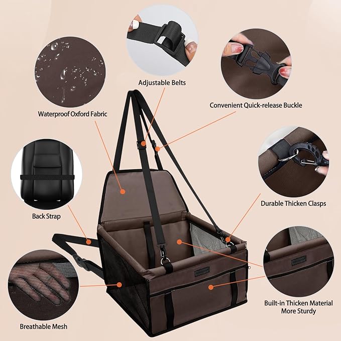 PetsHome Dog Car Seat Foldable Dog Car Booster Seat Waterproof Breathable Oxford Travel Bag for Small to Medium Dogs, Puppies, and Pets-Pure Coffee