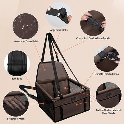 PetsHome Dog Car Seat Foldable Dog Car Booster Seat Waterproof Breathable Oxford Travel Bag for Small to Medium Dogs, Puppies, and Pets-Pure Coffee