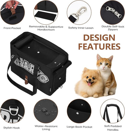 Dog Purse Carrier for Small Dogs, Cats and Puppies – Soft-Sided Foldable Pet Travel Bag with Multi Pockets, 3-Sided Mesh & Rollable Cover for Nervous Cats, Fits Pets up to 15 lbs (Black & Silver)