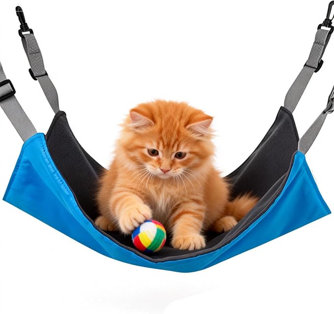 Adjustable Cage Hanging Cat Hammock, 4-Season 2-Sided Bed, Adjustable Waterproof Washable Cooling Mat for Large Kittens,Small Dogs & Rabbits (Blue)