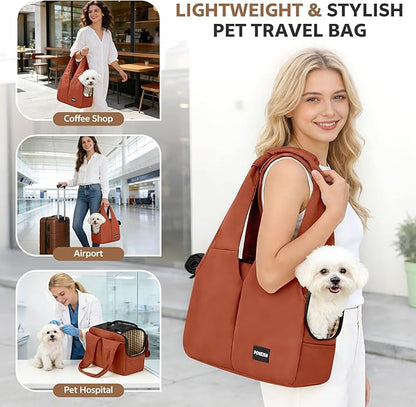 Dog Purse Carrier for Small Dogs and Cats, Soft-Sided Pet Tote Bag with 6 Large Pockets, Collapsible Travel Puppy Carrier with Small Cushion, Fits Pets up to 6 lbs (Caramel, 13.6" L x 6.6" W x 10" H)