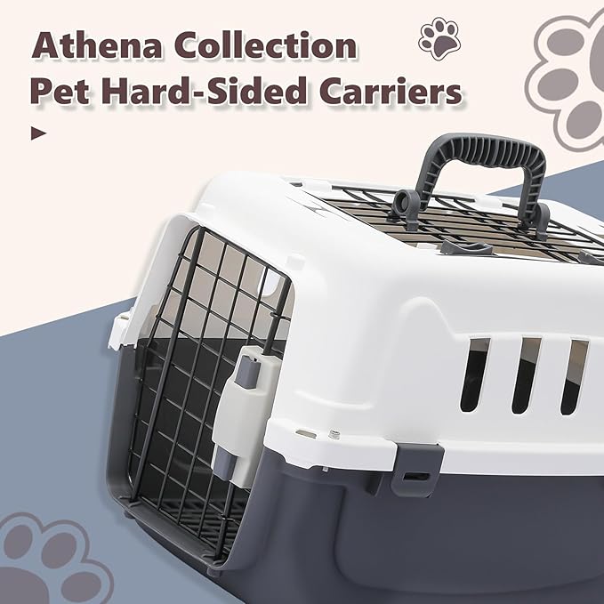 Athena Collection 18" Hard-Sided Travel Pet Carrier for Small Dogs and Cats, Plastic Dog Carriers with 2-Door Top & Front Load & Ventilation & Security Lock, Cat Dog Carrier for Pet, up to 10lbs, Grey