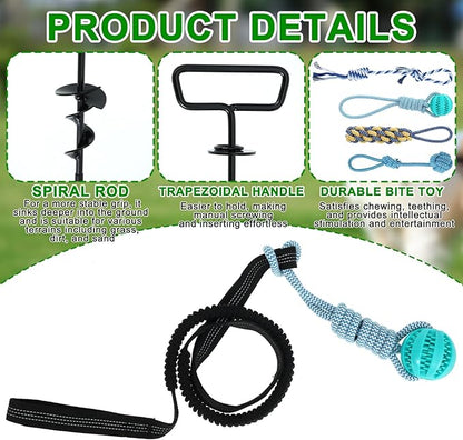 Tether Tug Outdoor Dog Toy with Stake and Adjustable Safety Rope Interactive Exercise Game in Yard, Tether Tug with 4 Chew Toy for Large, Medium & Small Dogs on Lawns or Trees