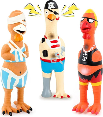 3 Pcs Rubber Chicken Squeaky Dog Toys Screaming Chicken Latex Soft Rubber Chew Molar Toys Interactive Pet Funny Squawkers Cute Dog Gifts for Small Medium Birthday (Cool Style)