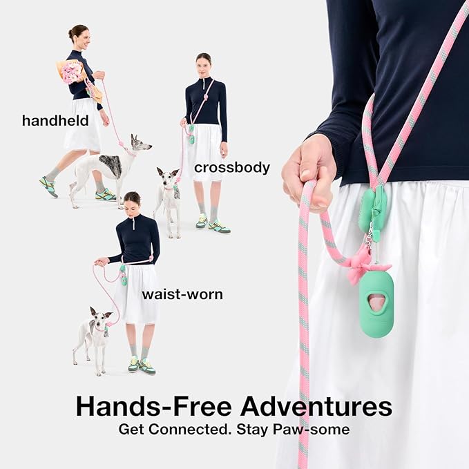 VETRESKA Hands-Free Dog Leash, 8FT Adjustable Rope Leash for Medium Large Dogs, Waist/Crossbody Slip Lead Leashes for Walking, No Pull Dog Leashes with Bag Dispenser, Clip, 3 in 1 Walk Kit (Flora)
