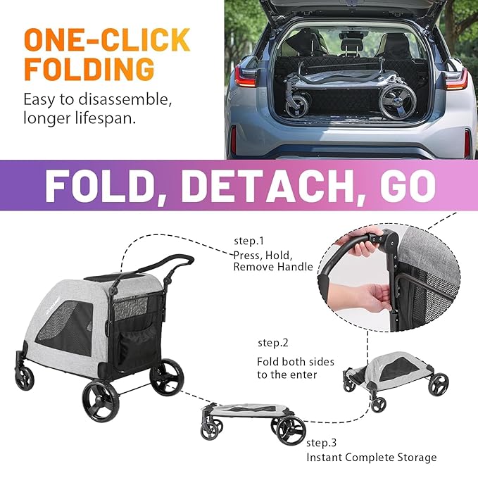 EchoSmile XL Extra Large Dog Stroller - Adjustable Handles,Lightweight Folding Pet Stroller,All-Terrain 4 Wheel for 2 Medium Dogs,Dual Entry Safety Dog Stroller,Capacity 160 lbs,Gray