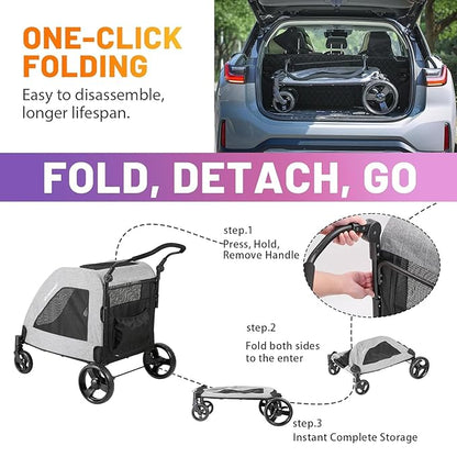 EchoSmile XL Extra Large Dog Stroller - Adjustable Handles,Lightweight Folding Pet Stroller,All-Terrain 4 Wheel for 2 Medium Dogs,Dual Entry Safety Dog Stroller,Capacity 160 lbs,Gray