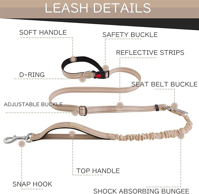 Hands Free Waist Leash for Dogs, Adjustable Heavy Duty Reflective Bungee Elastic Leash with Car Seat Belt 5-7FT Khaki
