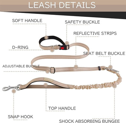 Hands Free Waist Leash for Dogs, Adjustable Heavy Duty Reflective Bungee Elastic Leash with Car Seat Belt 5-7FT Khaki