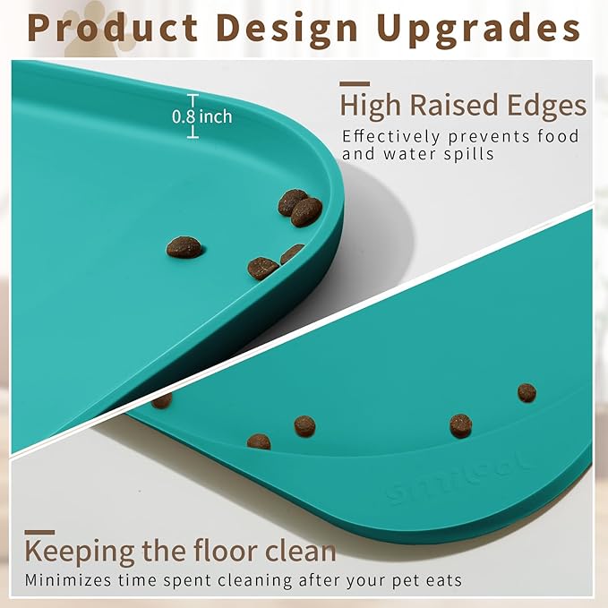 Silicone Pet Food Mat with Raised Edge for Food and Water Bowl, Dog Feeding Mats, Cat Food Trays for Floor Waterproof, Rubber Tray for Dogs and Cats, 22 x 14 x 0.8 Dark Turquoise