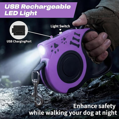Retractable Dog Leash with USB Rechargeable Flashlight for Night Walks, 16FT Automatic Telescopic Tractor Dog Leash for Small and Medium Dogs, Purple