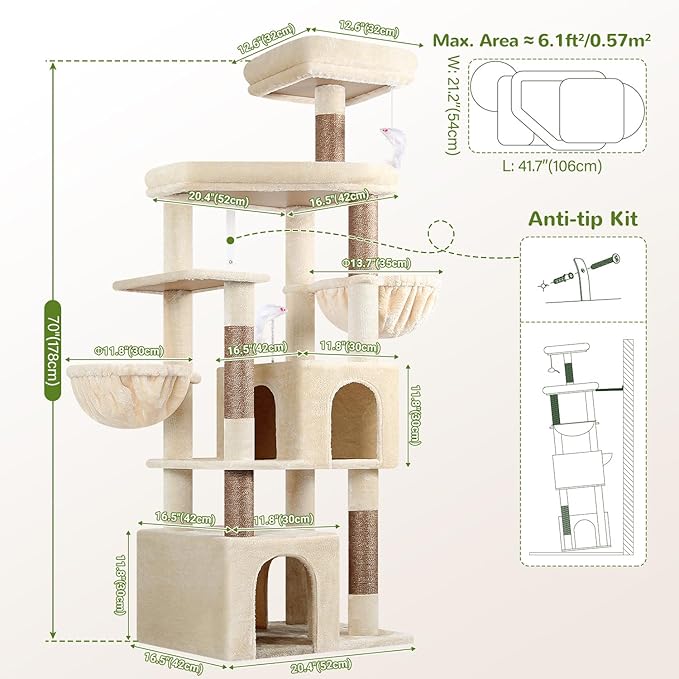 Globlazer Sturdy Cat Tree, 68-inch Large Cat Tower for Indoor Adult Cats 20 lbs Heavy Duty Cat Tree for Big Cats with Extra Large Platform, 5 Scratching Post, S68, Beige