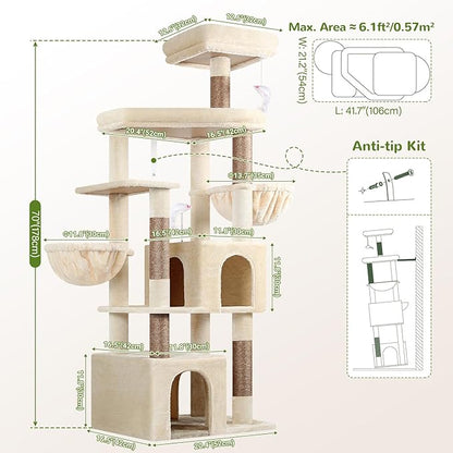 Globlazer Sturdy Cat Tree, 68-inch Large Cat Tower for Indoor Adult Cats 20 lbs Heavy Duty Cat Tree for Big Cats with Extra Large Platform, 5 Scratching Post, S68, Beige