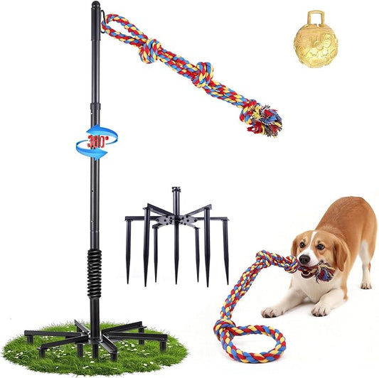 Tether Tug Outdoor Dog Toy,Tether Tug For Large Dogs,Spring Pole For Dogs in Park,Yard,Lawn,2 Rope Toy and Bell Pull Chase and Solo Play,Tether Interactive Dog Tug Toy,For Medium Small Dogs(Black)