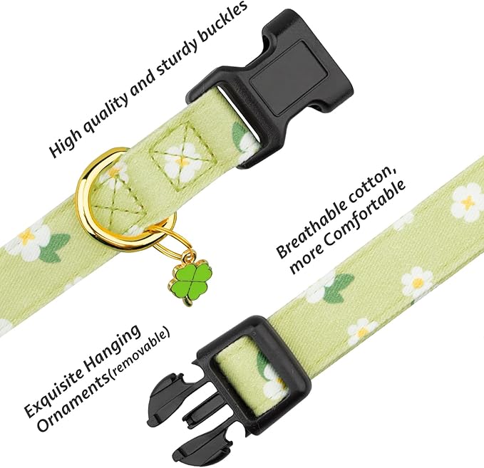 Cotton Handmade Dog Collar Cute and Distinctive Patterns Green Flower with Pendant for Girl Boy Dogs Collars M