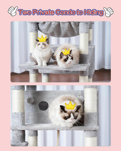 Cat Tree for Indoor Cats Large Adult, 74" Cat Tower with 3 Big Platforms, 2 Baskets, 2 Condos, Multi-Level Cat Scratching Posts, Light Gray GCT030W