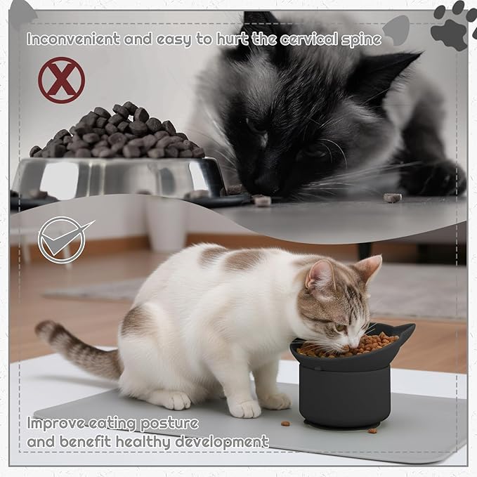 2 Pack Black, Green Slow Feeder for Cat Bowls, Silicone Tilted Raised Pet Bowl with Non Slip Base for Digestion Anti Vomit