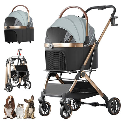 4 Wheels Pet Stroller for Small Medium Dogs Cats Up to 45 lbs Folding Dog Stroller with Detachable Breathable Carrier Suitable for Car Seat, Hand Carry & Travel, All Terrain, 3 in 1 Multifunctional