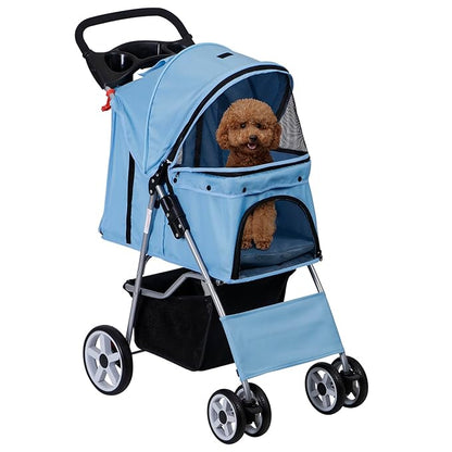 ZENY Foldable Pet Stroller, Cat/Dog Stroller with 4 Wheel, Pet Travel Carrier Strolling Cart with Storage Basket, Cup Holder (Blue)
