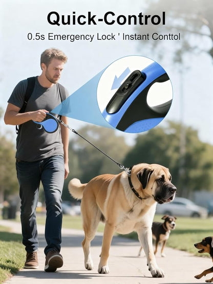 Heavy Duty Retractable Dog Leash 26ft - Tangle-Free 360° Design for Large Dogs Up to 110lbs, with One-Handed Brake & Lock, Anti-Slip Handle, Heavy-Duty Nylon Tape (Blue)