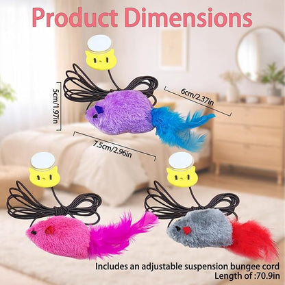 Interactive Hanging Mouse Cat Toys, 3 Pack Plush Mouse Cat Toy with Feather & Catnip, Movement-Activated Physical Sound, Adjustable Door Frame Self Play Toy for Indoor Cats