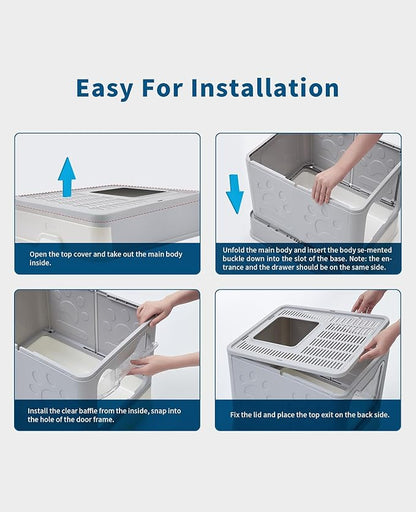 Cat Litter Box with Litter Mat and Scoop, Large Covered Litter Box with Lid, Front Entry Top Exit Kitty Box, Odor Control, Easy to Clean (Grey)