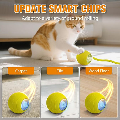 Interactive Cat Toys for Indoor,Automatic Moving Electric Rolling Pet Ball,Smart Teasing Toy for Kitty,3 Modes and USB Rechargeable,Tail 2.0 Cat Feather Toy Yellow