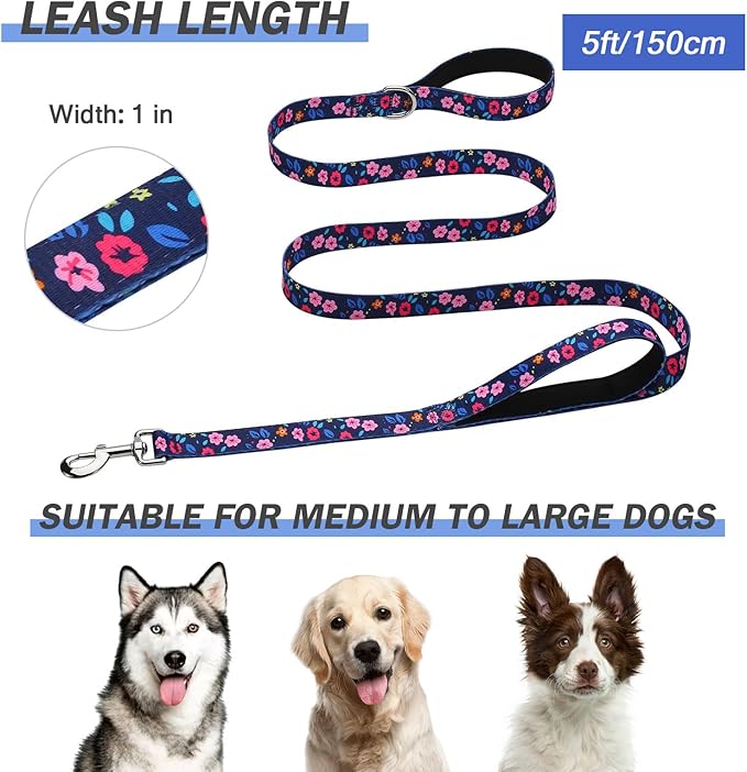 Hikiko 5 Ft Double Handle Dog Leash for Small Medium Large Dogs, Padded Traffic Handles Lead for Walking Training (Navy Blue Floral)