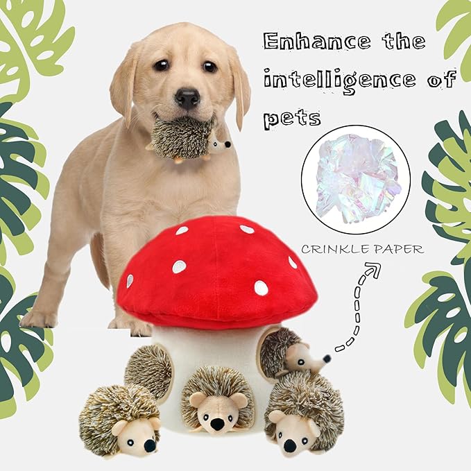Hide and Seek Dog Toys, Mushroom Crinkle Paper Hideaway with 5 Pack Squeaky Hedgehogs Interactive Plush Puzzle Puppy Chew Toy to Keep Them Busy for Small Medium Large Dogs