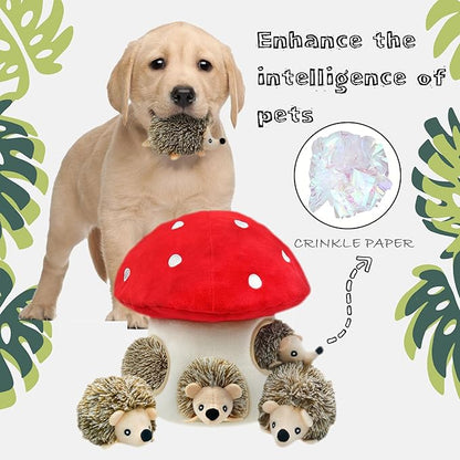 Hide and Seek Dog Toys, Mushroom Crinkle Paper Hideaway with 5 Pack Squeaky Hedgehogs Interactive Plush Puzzle Puppy Chew Toy to Keep Them Busy for Small Medium Large Dogs
