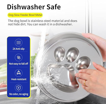 Slow Feeder Dog Bowls, 304 Stainless Steel Metal Slow Feeder Dog Bowl, Suction Cup Anti Flip,2X Non-Slip,2-4 Cups, for Small & Medium Breed（Weighs 0.45 pounds）