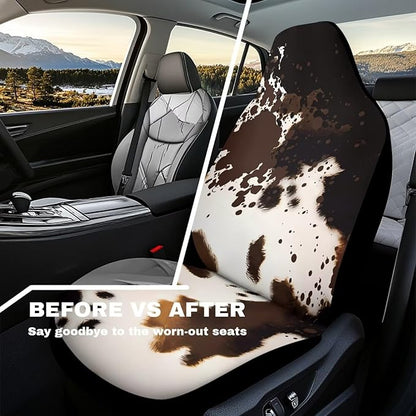 Car Seat Covers Waterproof Brown Cow Print Car Seat Covers Front Seats Only Easy Installation Stretch Polyester Fabric Cover Suitable for Cars, SUV and Trucks, 2 Pack