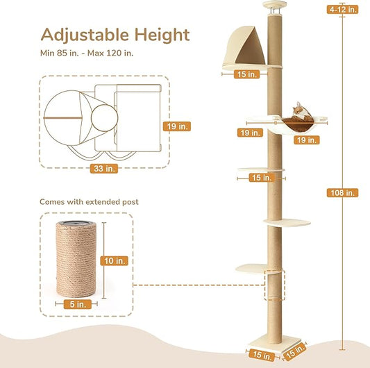 FUKUMARU Floor to Ceiling Cat Tree, 6 Level Adjustable Height (6-10 ft) Climbing Tower with Thickened Scratching Posts, Cats Activity Center with Cozy Hammock - Beige