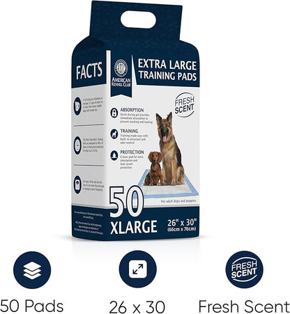 American Kennel Club Scented Puppy Pads –Large Size – 30x26 Ultra Absorbent 6-Layer Pee Pads with Odor Control & Quick-Dry Gel – Fresh Scent – 50 Count (Fresh Scented, 26x30) (Pack of 2)
