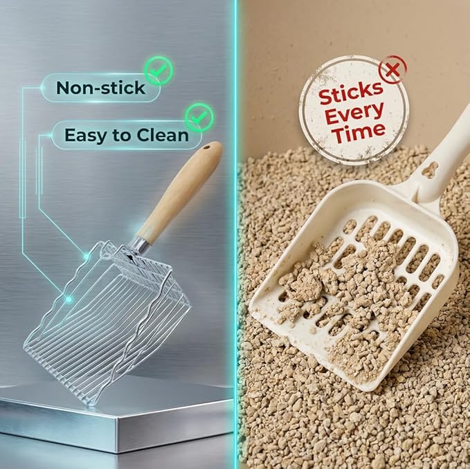 Metal Cat Litter Scoop with Holder, Stainless Steel Cat Litter Scooper Holder Trash Container, Heavy-Duty Kitty Poop Scooper with Coarse and Fine Grids for All Litter Pan