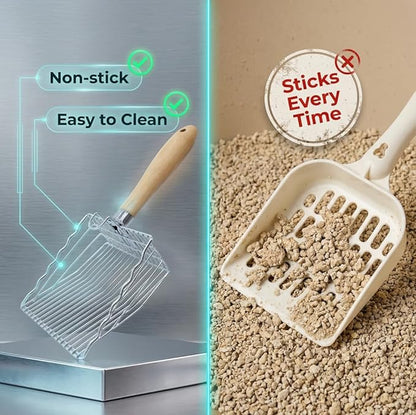 Metal Cat Litter Scoop with Holder, Stainless Steel Cat Litter Scooper Holder Trash Container, Heavy-Duty Kitty Poop Scooper with Coarse and Fine Grids for All Litter Pan