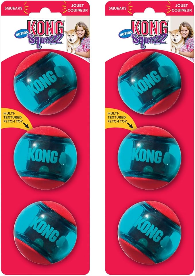 KONG Squeezz Action Ball Dog Toy – Durable Bouncy Ball with Built-in Squeaker – Great for Fetch & Chewers – Stimulates Play & Exercise (Red, Medium (6 Pack))