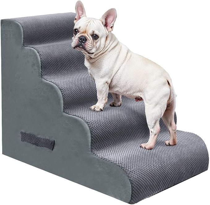 PAWSCART Pet Stairs for Dogs 5-Step, 22.8" H Pet Stairs for High Bed, Couch Sofa & Chair, 30D Material Soft Foam Dog Steps with Non-Slip Bottom Surface Removable Washable Cover, Grey